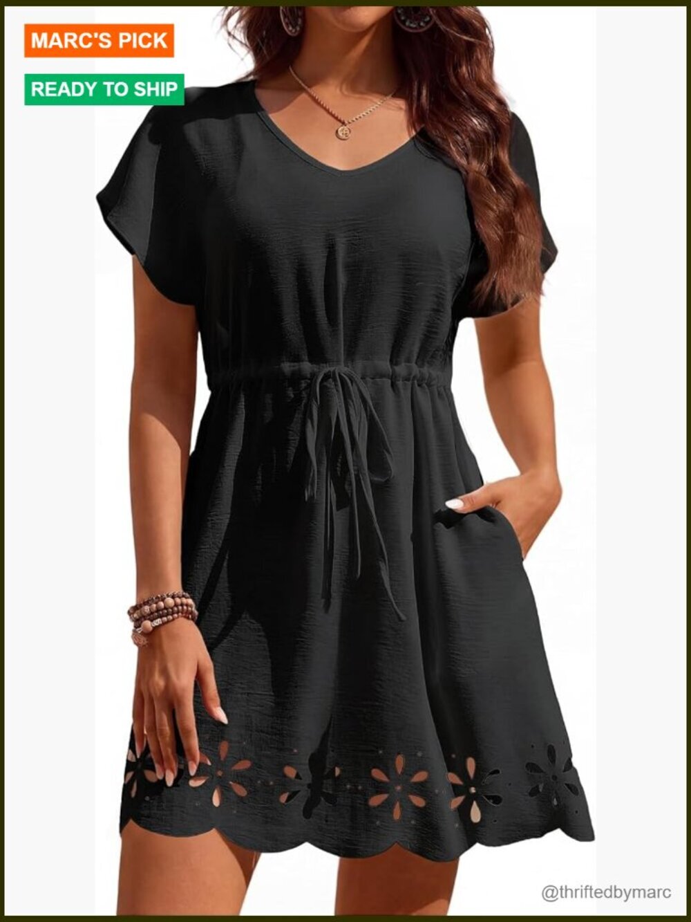 V Neck Beach Cover Up Dress with Pockets Drawstring